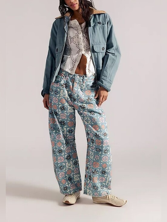 We The Free Denim - We The Free Good Luck Printed Barrel Jeans Women's 31 Jade Combo Ditsy Block NWT